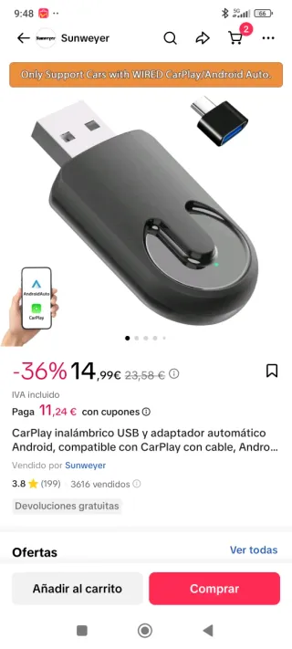 Adaptador CarPlay/Android Auto Inalámbrico USB