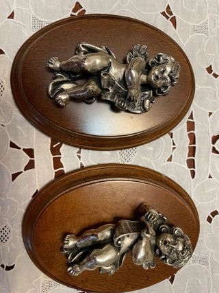 Pareja Angelitos Plata Ley Decoración Pared