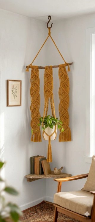 Portavaso Arazzo macramè con bastone legno Rustico