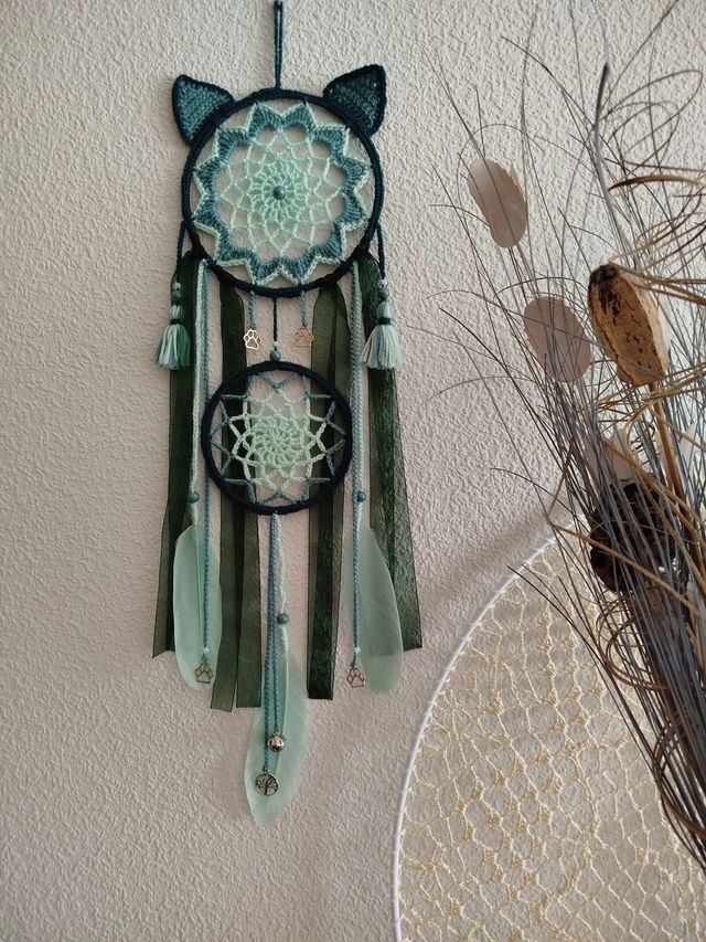 Atrapasueños "gatito" - 16 x 60 cm verde/azul agua