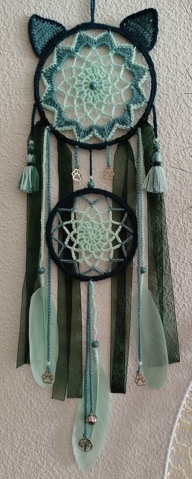 Atrapasueños "gatito" - 16 x 60 cm verde/azul agua