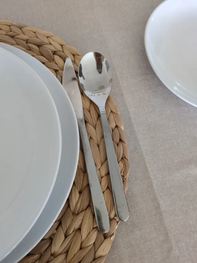 Set da tavola completo con stoviglie, tovaglioli, bicchieri, posate e caraffa