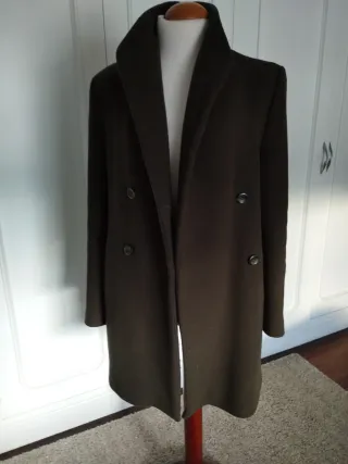 Abrigo paño talla 38, verde kaki oscuro, cruzado