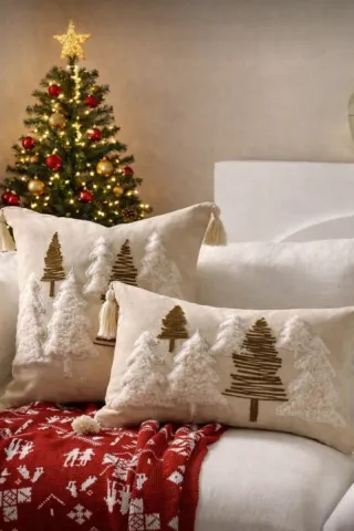 2 Fundas Cojín Navidad Árboles Bordados Beige