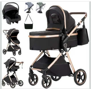 Carrito de bebé negro y dorado