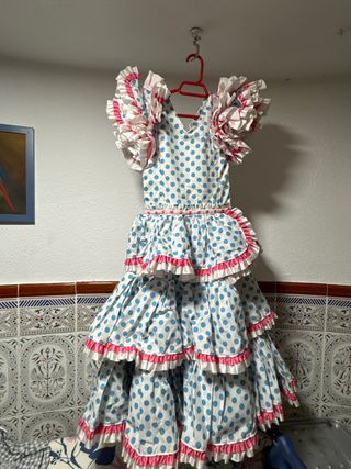 Traje de Sevillana lunares azul y rosa talla 4-7