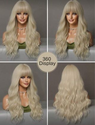 Peluca larga rubio platino ondulada pelo sintético