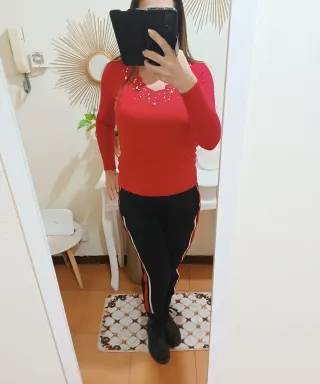 Pantaloni donna neri con righe rosse e bianche