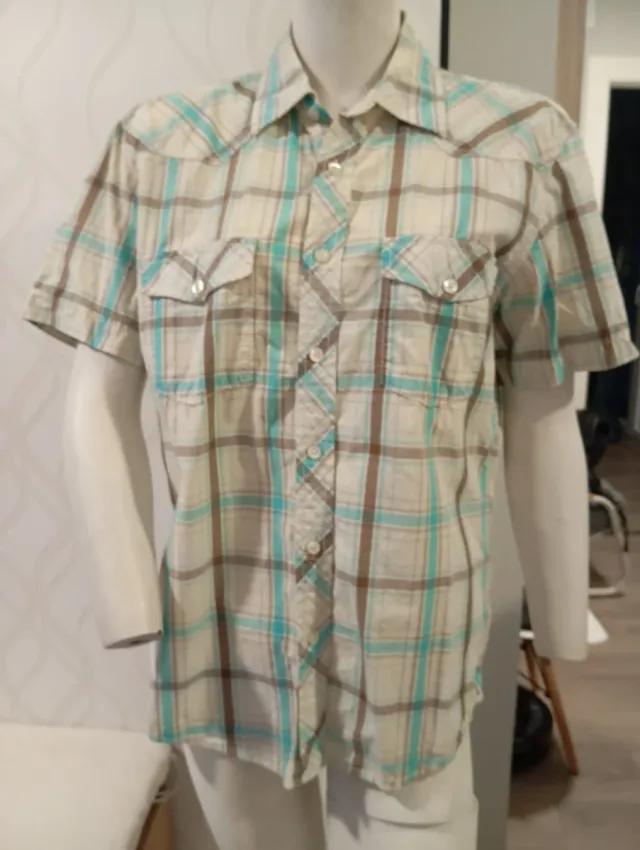 Camisa de caballero H&M cuadros blanco roto, marró