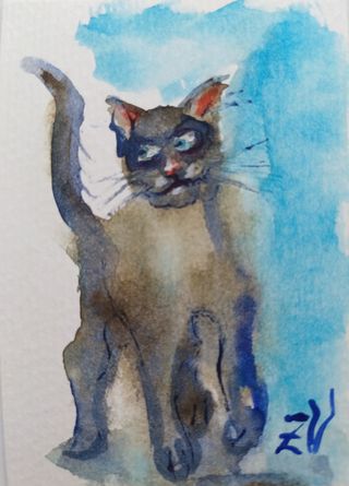 Gato Acuarela Original Arte Hecho a Mano