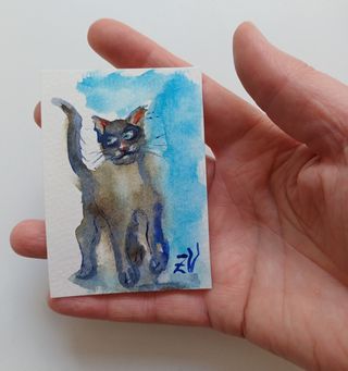 Gato Acuarela Original Arte Hecho a Mano