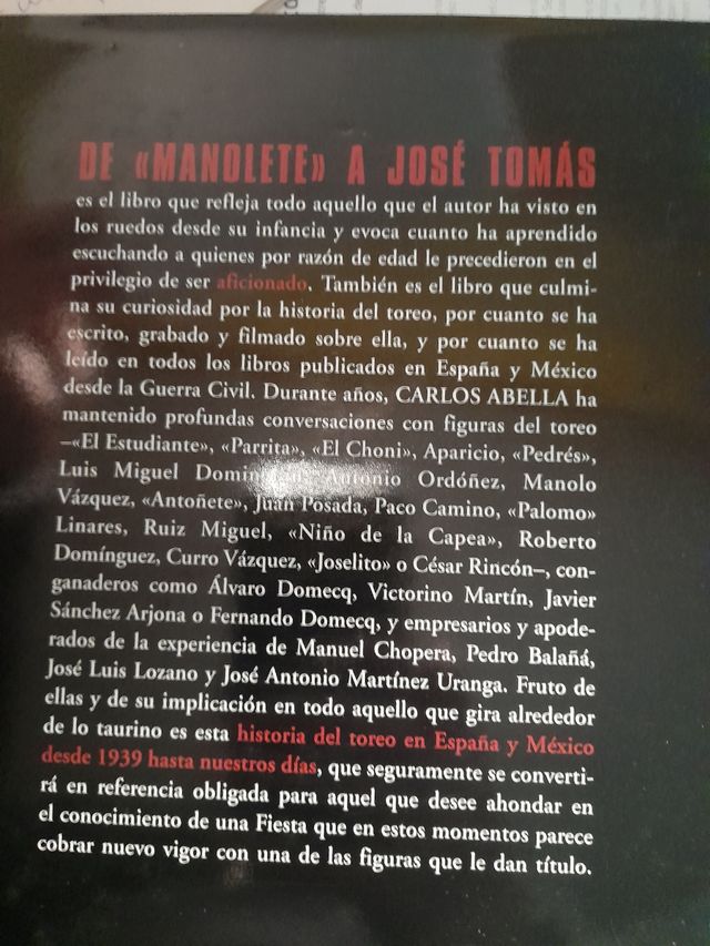 De Manolete a José Tomás Libro de Tapa Dura