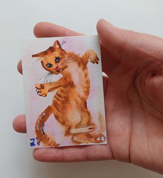 Gato Acuarela Original Arte 9x6cm