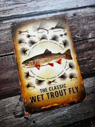 CARTEL PLACA DE PESCA TRUCHA TIPOS DE MOSCAS