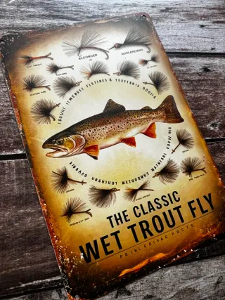 CARTEL PLACA DE PESCA TRUCHA TIPOS DE MOSCAS