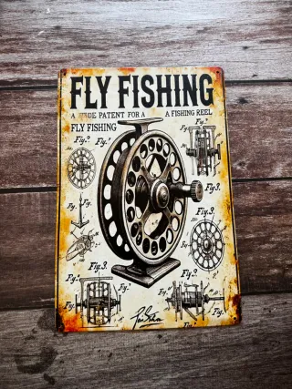 CARTEL PLACA VINTAGE DE PESCA MOSCA CARRETE