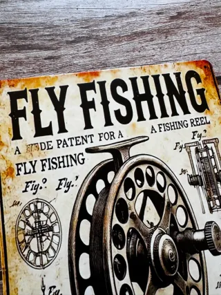 CARTEL PLACA VINTAGE DE PESCA MOSCA CARRETE