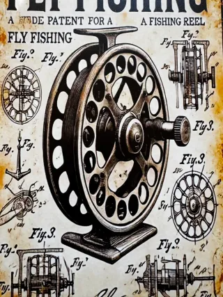 CARTEL PLACA VINTAGE DE PESCA MOSCA CARRETE