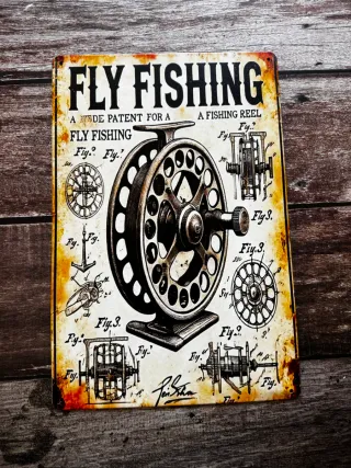 CARTEL PLACA VINTAGE DE PESCA MOSCA CARRETE