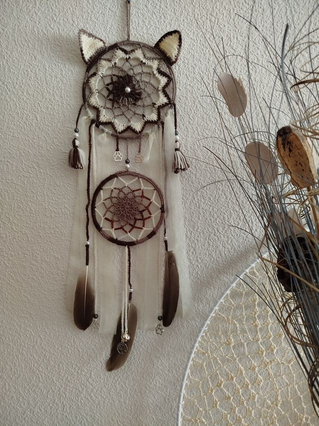 Atrapasueños "gatito" 16 x 56 cm - marrón/crudo