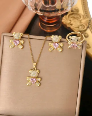 Conjunto de Joyas Oso Corazón Rosa y Dorado