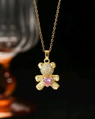 Conjunto de Joyas Oso Corazón Rosa y Dorado