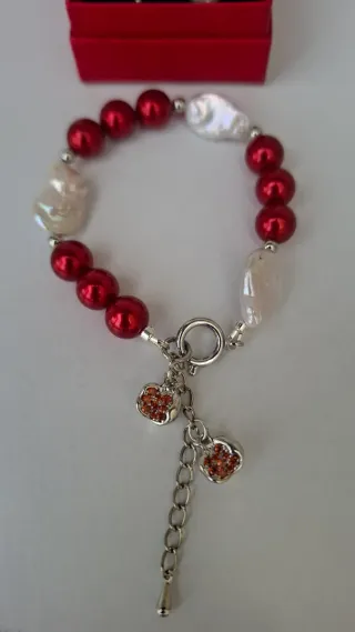 Pulsera Perlas Naturales Rojas y Blancas