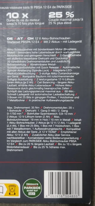 Pack aparafusadora performance Parkside 12V - nova