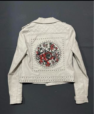 Cazadora Biker Beige com Estampa