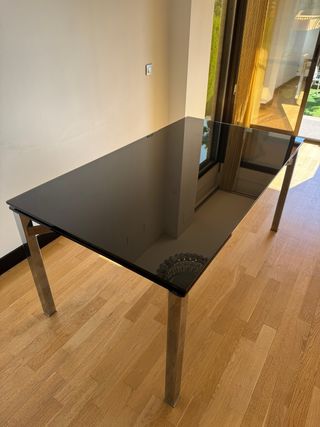 Tavolo da Pranzo in Cristallo Nero e Acciaio