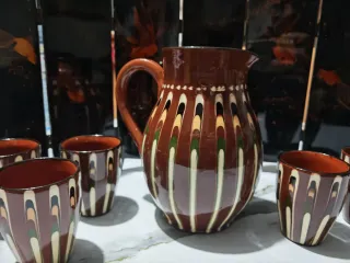 Jarra y 5 vasos de cerámica artesanal