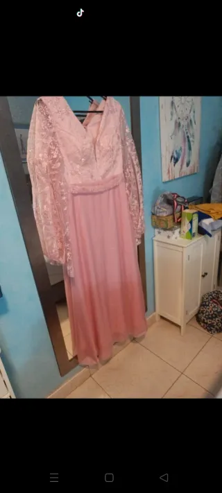 Vestido fiesta rosa encaje manga larga XL.