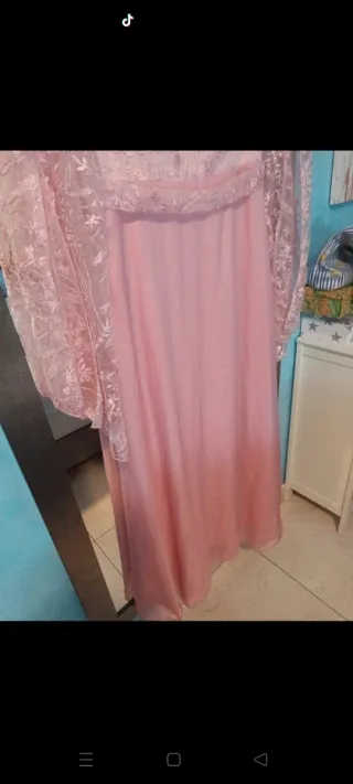 Vestido fiesta rosa encaje manga larga XL.