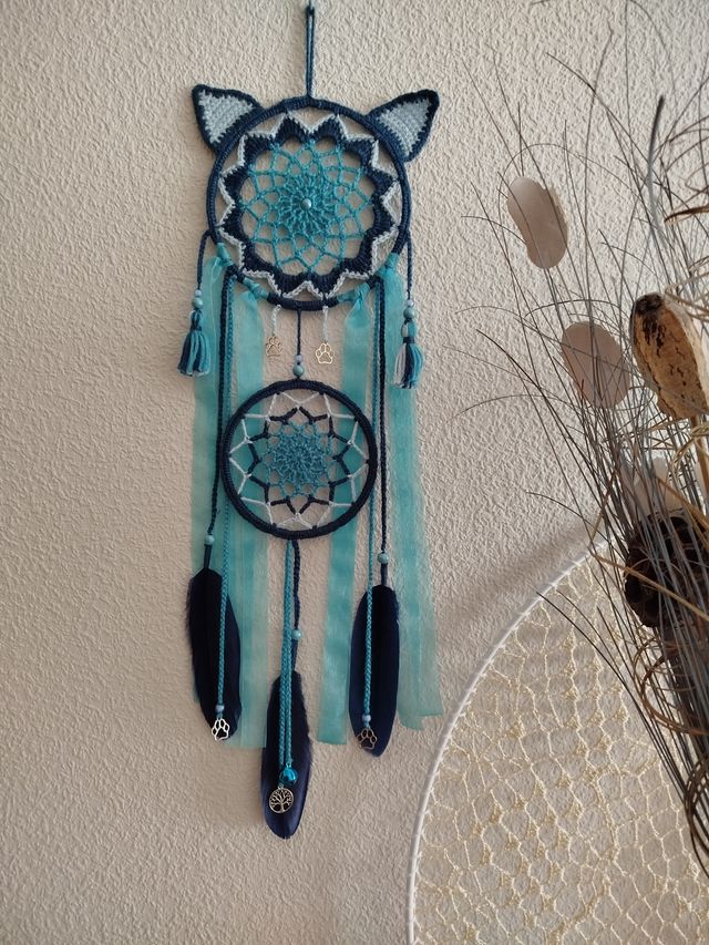 Atrapasueños "gatito" 16 x 60 cm - azul y turquesa