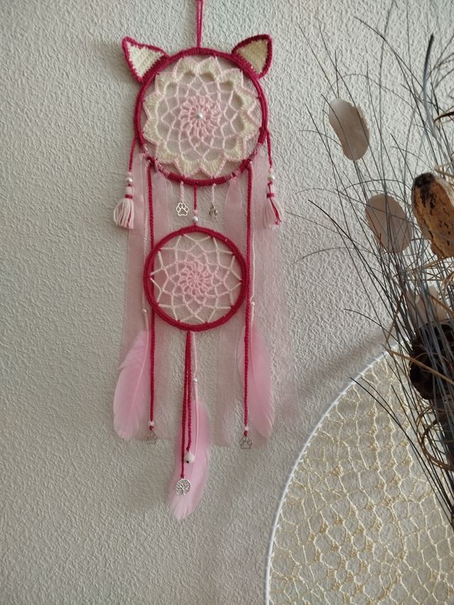 Atrapasueños "gatito" 16 x 58 cm fucsia,rosa,crudo