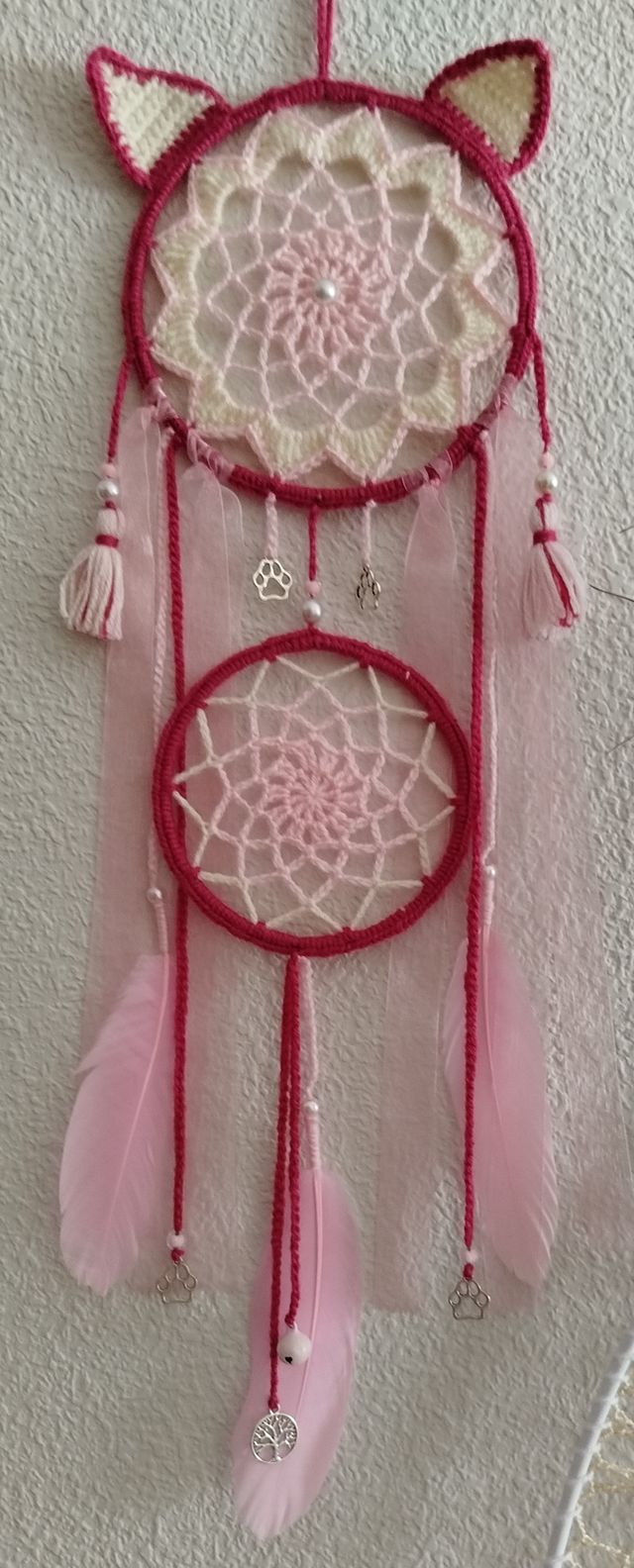 Atrapasueños "gatito" 16 x 58 cm fucsia,rosa,crudo