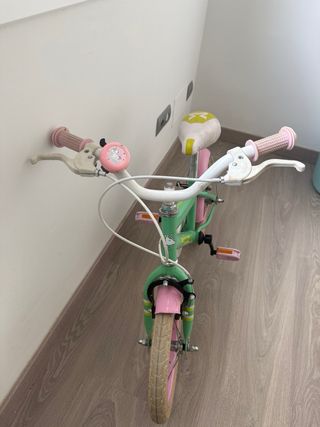 Bicicleta infantil verde y rosa