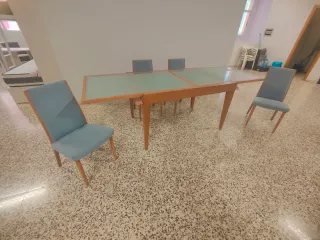 Mesa extensible madera y cristal + 6 sillas