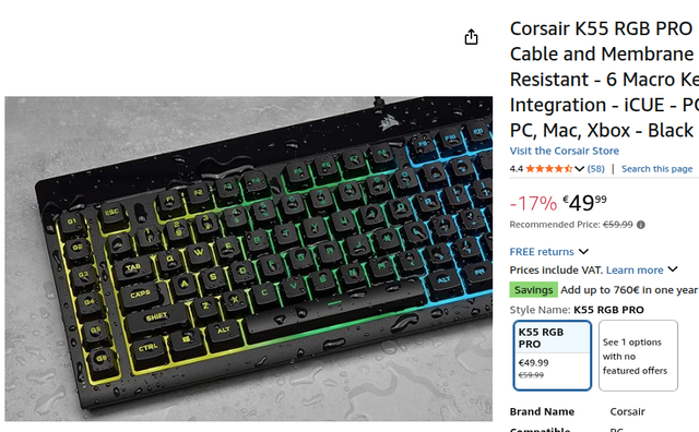 Teclado Gaming Corsair K55 RGB Pro