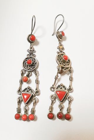Pendientes Vintage Plata 925 Coral Rojo 8,5 cm