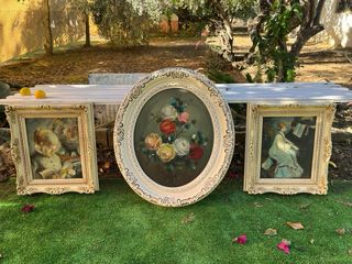 3 Cuadros antiguo ovalado y cuadrado flores