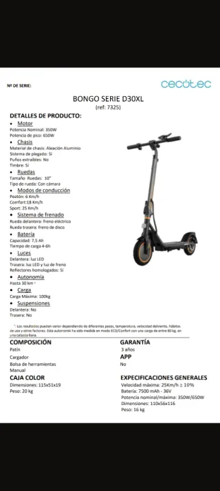 Patinete Eléctrico Cecotec Bongo D30XL