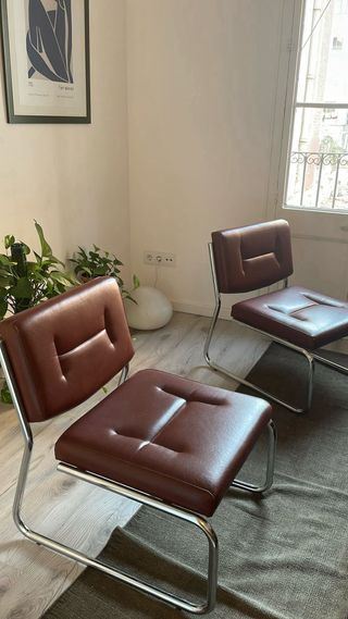 2 Poltrone Vintage Pelle Bordeaux, Tubo Cromo URGENTE