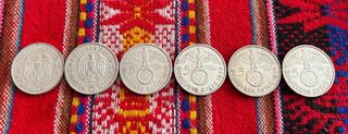 6 Monedas 5 Reichsmark  plata del  III Reich.