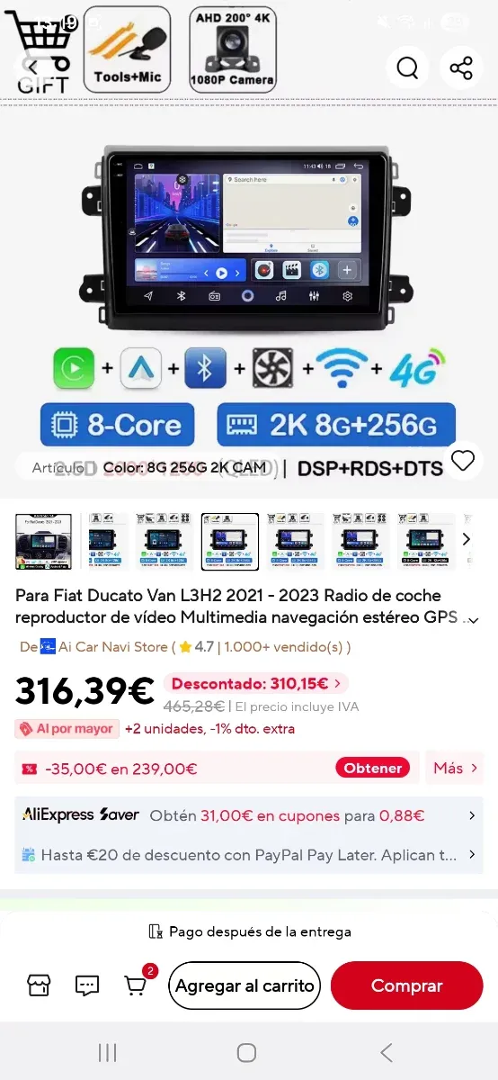 Pantalla Android 9" Fiat Ducato 2021+ (8GB/128GB)