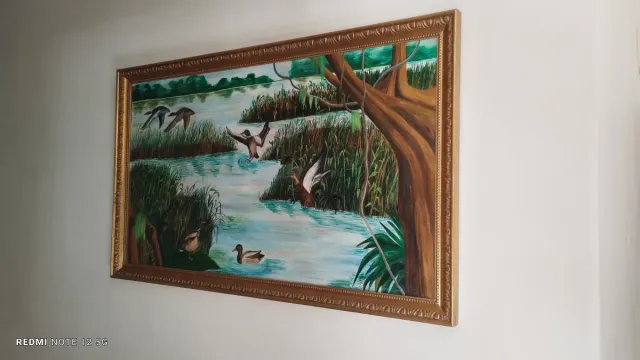 Cuadro al óleo de paisaje con patos