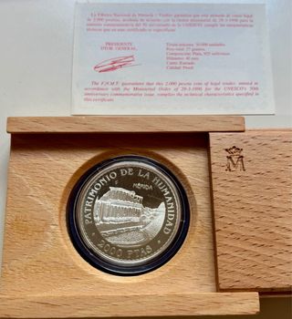 Moneda PLATA 2000 Pts 1996 MÉRIDA Estuche + Certif