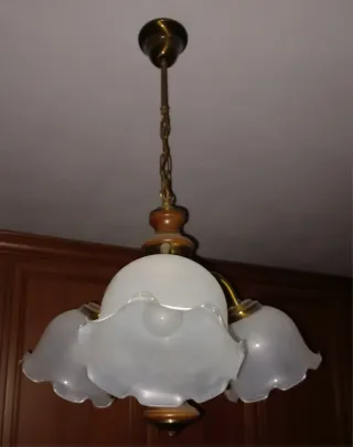 Lampadario 3 luci oro e legno