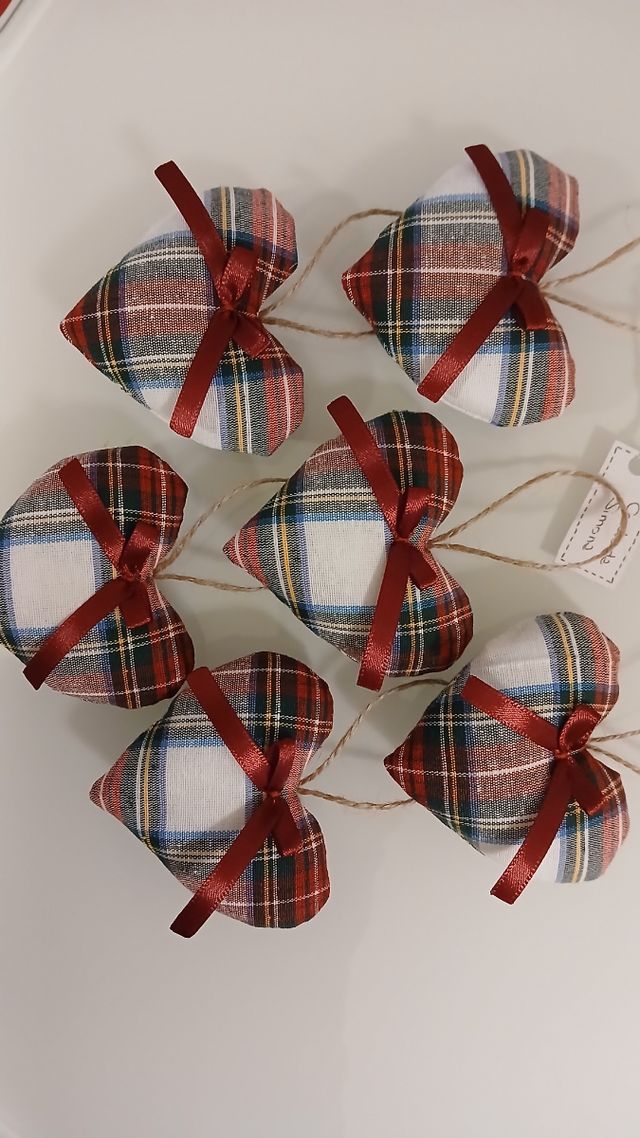 Decorazioni Natalizie Tartan 6 cuori fiocco borgog