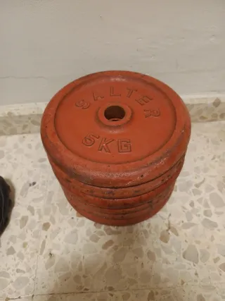 Banco, barra olímpica y discos Salter